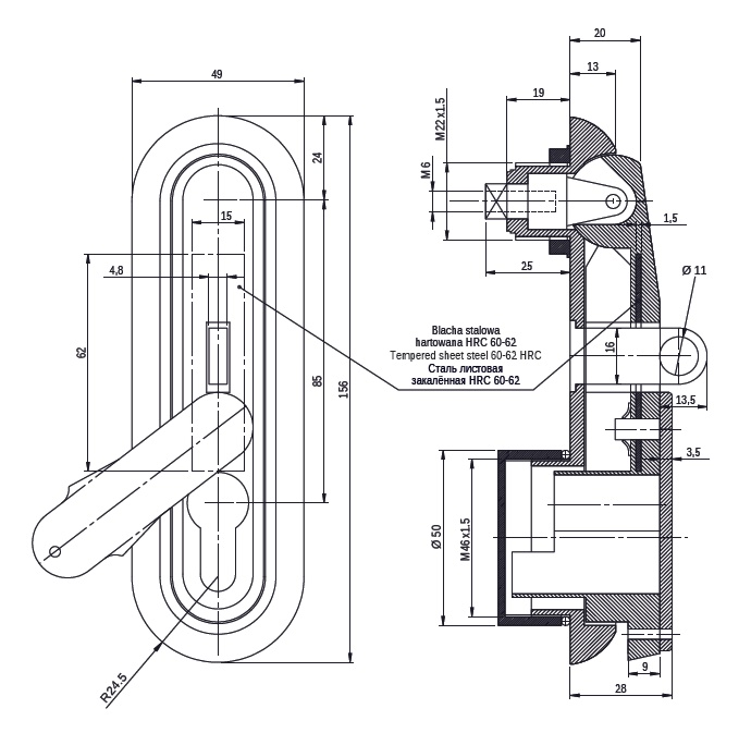 HS06/B - замок-ручка под круглые монтажные отверстия (версия с ухватом, усиленным стальной пластиной и ухом) HS06/B - замок-ручка под круглые монтажные отверстия (версия с ухватом, усиленным стальной пластиной и ухом)