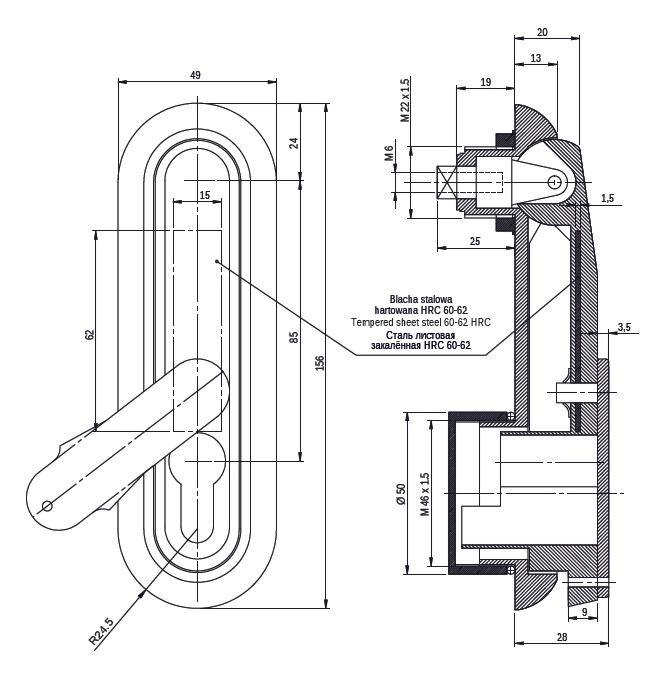HS06 - замок-ручка под круглые монтажные отверстия (версия с ухватом, усиленным стальной пластиной) HS06 - замок-ручка под круглые монтажные отверстия (версия с ухватом, усиленным стальной пластиной)